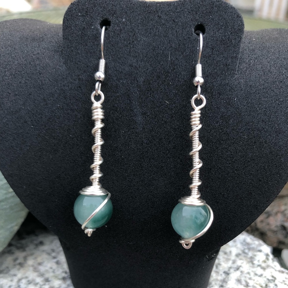 Agate gemstone wire wrap dangle earrings handmade 2” bead earrings dangle